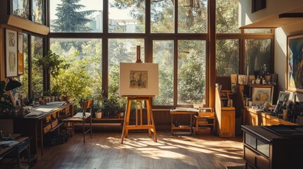 Fototapeta premium Sunny Artist's Studio with Large Windows