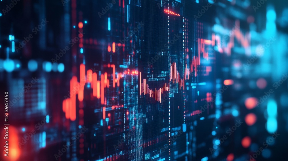 Poster abstract digital data visualization with neon elements depicting network analysis and trends