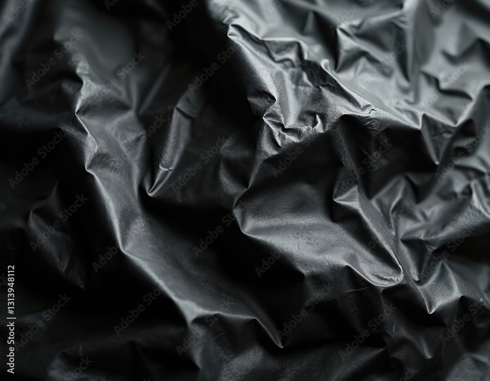Poster monochrome texture of black crumpled plastic bag background. wrinkled nylon garbage foil with light 