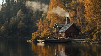 Fototapeta premium Rustic wooden cabin beside a calm lake, smoke drifting from the chimney