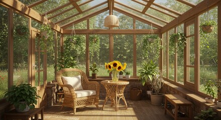 Fototapeta premium Sunflowers in Glass Greenhouse with Rattan Furniture and Lush Plants