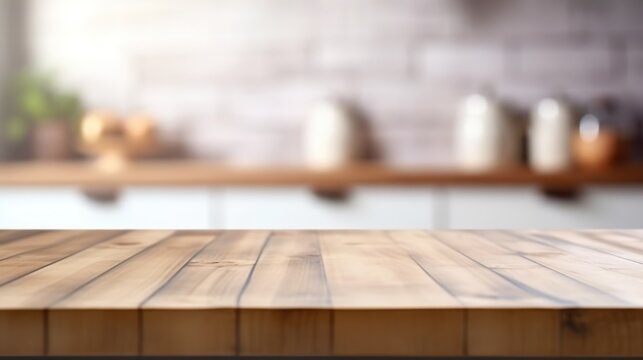 Blurred Kitchen Scene with Wooden Table and Out-of-Focus Background