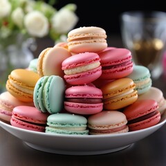 Fototapeta premium Colorful Macarons in a White Bowl: A Delightful Dessert Display