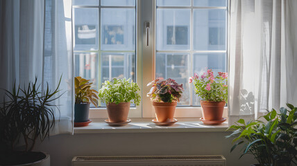 Fototapeta premium A sunlit window with potted plants on the sill and sunlight streaming in.