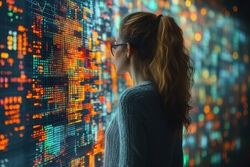 Back view Woman analyzing data on screen, information overload, data visualization, digital transformation, information technology, cybersecurity, finance, businesswoman.