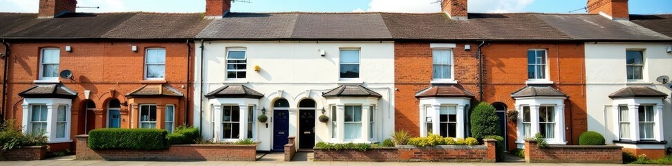 Contemporary English terrace houses, clean lines, vibrant street , pathway, urban