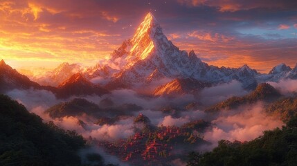 Majestic mountain peak at sunset over a valley shrouded in mist