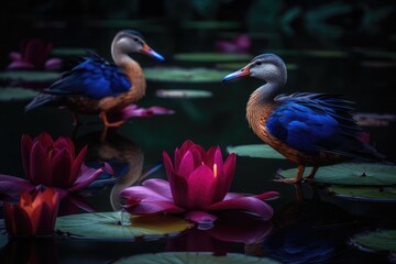 Fototapeta premium Ducks in a Pond with Water Lilies and Lily Pads