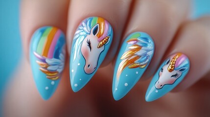 nail art with a dreamy unicorn motif, where a light blue base contrasts with vivid unicorn horn and wing designs,
