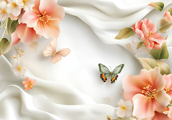 3D background with white silk, pink and orange flowers, butterfly,  illustration, white background