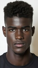 Obraz premium A young man with a striking face and well-groomed hair stands against a plain light backdrop. He looks confidently into the camera, showcasing his strong features and serious expression