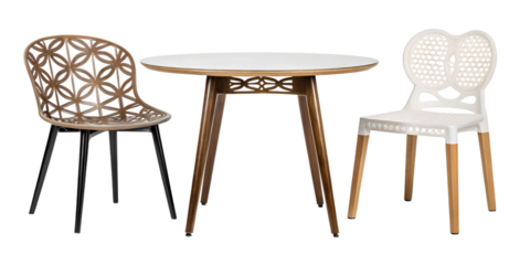 Three Different Styles of Designer Table with Chairs on White Background, Cut Out
