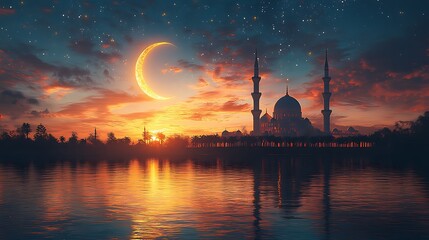 Obraz premium Mosque Silhouette and Crescent Moon Over a Reflective Lake at Sunset