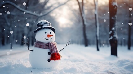 Obraz premium Snowman in a Snowy Winter Landscape