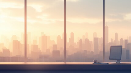 A computer monitor sits on a desk in front of a window overlooking a city