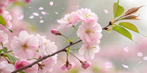 Close-up of cherry blossoms in full bloom, with soft pink petals floating in the breeze