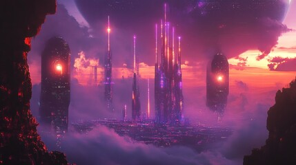 Fototapeta premium Dreamscape of a luminous alien city amidst clouds and surreal architecture