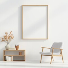 A white framed picture hangs on a wall in a room with a white chair