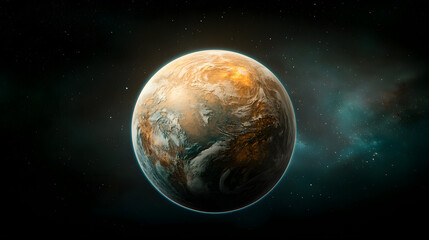 Naklejka premium Detailed Planet in Space Featuring Rocky Icy and Molten Surfaces with Starry Background