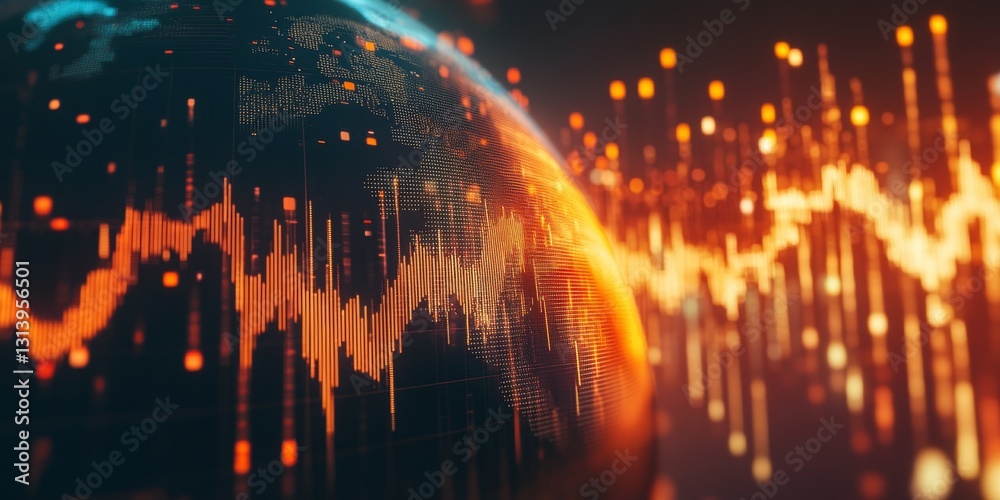 Poster abstract visualization of global data trends with colorful graphs and digital elements
