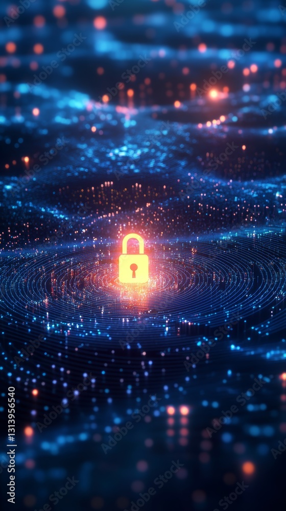 Poster this image features a digital lock icon illuminated by a vibrant data network, representing concepts