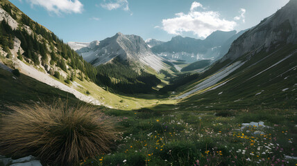 A sunlit mountain valley with patches of wildflowers and long grass.