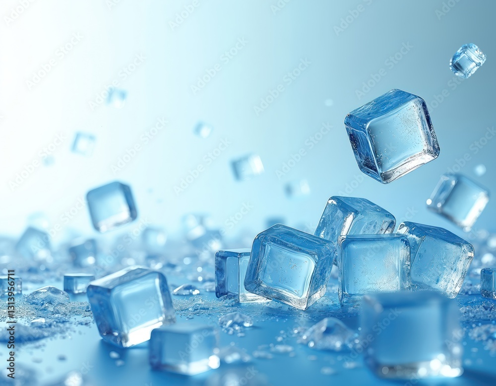Aufkleber icy light blue surface with ice cubes scattered around. crystalline texture, frosty pattern. shimmer