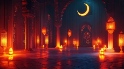 Fototapeta premium An interior scene with glowing lanterns and a crescent moon