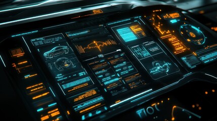 Obraz premium The glowing futuristic display dashboard presents advanced vehicle information systems