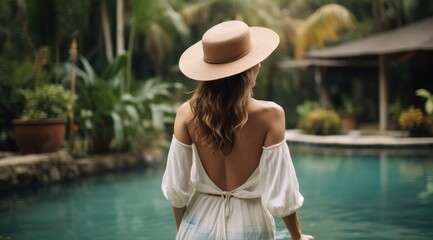 Fototapeta premium Woman in White Dress and Hat Standing by Pool in Tropical Setting