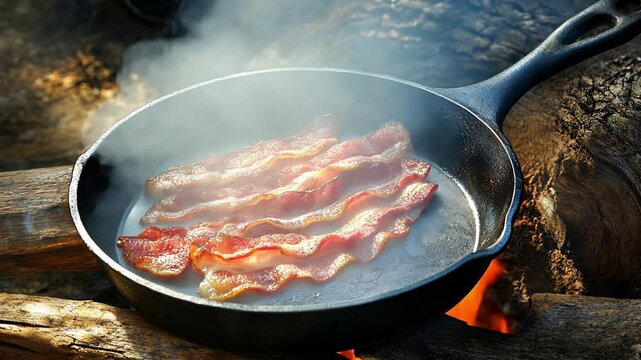Sizzling bacon in cast iron skillet over open fire outdoors.