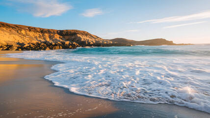 A sunlit beach with a smooth, rocky coastline and foamy waves crashing onto the shore.
