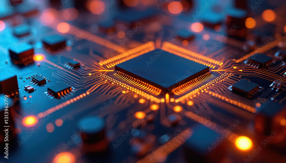 Leinwandbilder Electronic circuit board with glowing orange, blue lights. Motherboard component with central processing unit CPU. Futuristic technology, cyberspace server with abstract tech engineering concept.