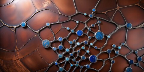 Fototapeta premium Detailed metal network on a rich brown background featuring ornate blue lapis lazuli stones.