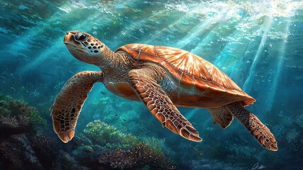 Fototapeta premium Graceful Sea Turtle Swimming Through Vibrant Coral Reef Waters