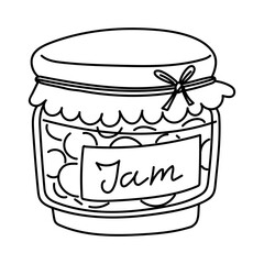 illustration of a jam jar doodle, with a tied thread, is suitable for food packaging, advertising household or organic products, as well as for cooking blogs and recipes. Contour monochrome
