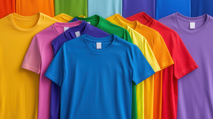 Vibrant display of colorful T shirts arranged in rainbow array, showcasing various hues and styles