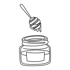 doodle illustration of an open jar of honey with a wooden spoon is ideal for advertising natural products, packaging, culinary blogs, as well as for marketing healthy food and organic products.