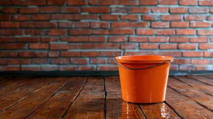 Obraz premium bright orange bucket sits on wooden floor, capturing water drips from leak in ceiling, highlighting need for repairs