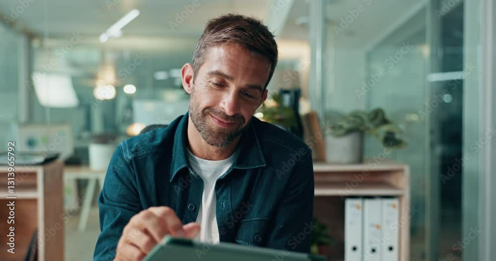 Poster office, night and businessman with tablet for reading, ux information and developer for application.