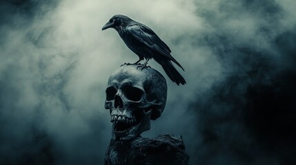 Skull with raven perched on top, mysterious and dark, dramatic lighting, foggy background, gothic horror theme, hyper-realistic textures, haunting presence