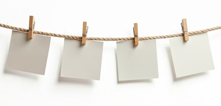 Four blank square cards hang on rope with clothespins isolated on white background. Mockup template for banner, message, reminder, office memo, label design, memory, poster, tags, post, letters.