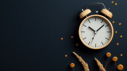 wooden clock against dark background with stars and dried flowers creates serene atmosphere