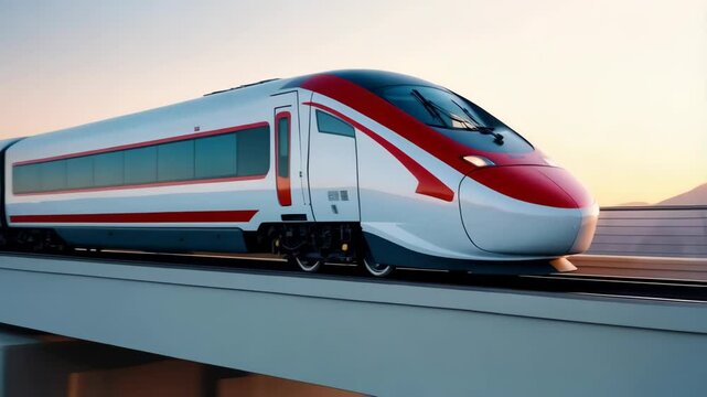 A sleek, modern high-speed train traveling on an elevated track