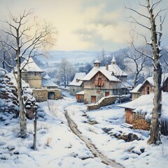 Fototapeta premium Peaceful winter village scene watercolor landscape with snow-covered houses, bare trees and a winding path. Smoke rises from chimneys creating a warm contrast to the crisp, cold air of the countryside