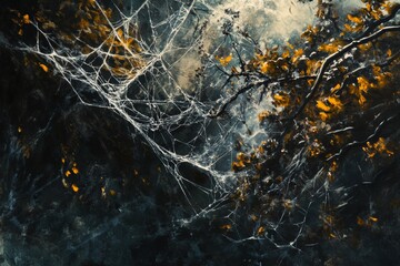 A captivating image of an intricate spider web adorned with autumn leaves, set against a dark, moody backdrop, capturing the beauty of natural artistry.