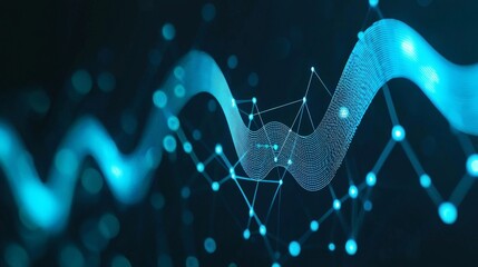 The background is an abstract 3D render that includes a graph made up of tiny dot particles, showcasing financial details and intricate repeating graphs