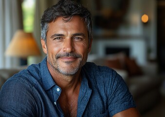 A confident smile spreads across the face of a middle-aged man who is standing and exuding happiness with his attractive and cheerful demeanor