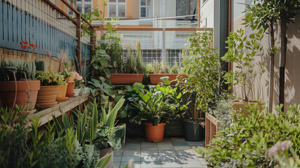 A sunlit urban garden with potted plants and greenery growing in a small space.