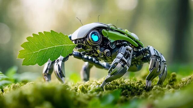Futuristic robotic insect exploring nature with leaf in green environment.